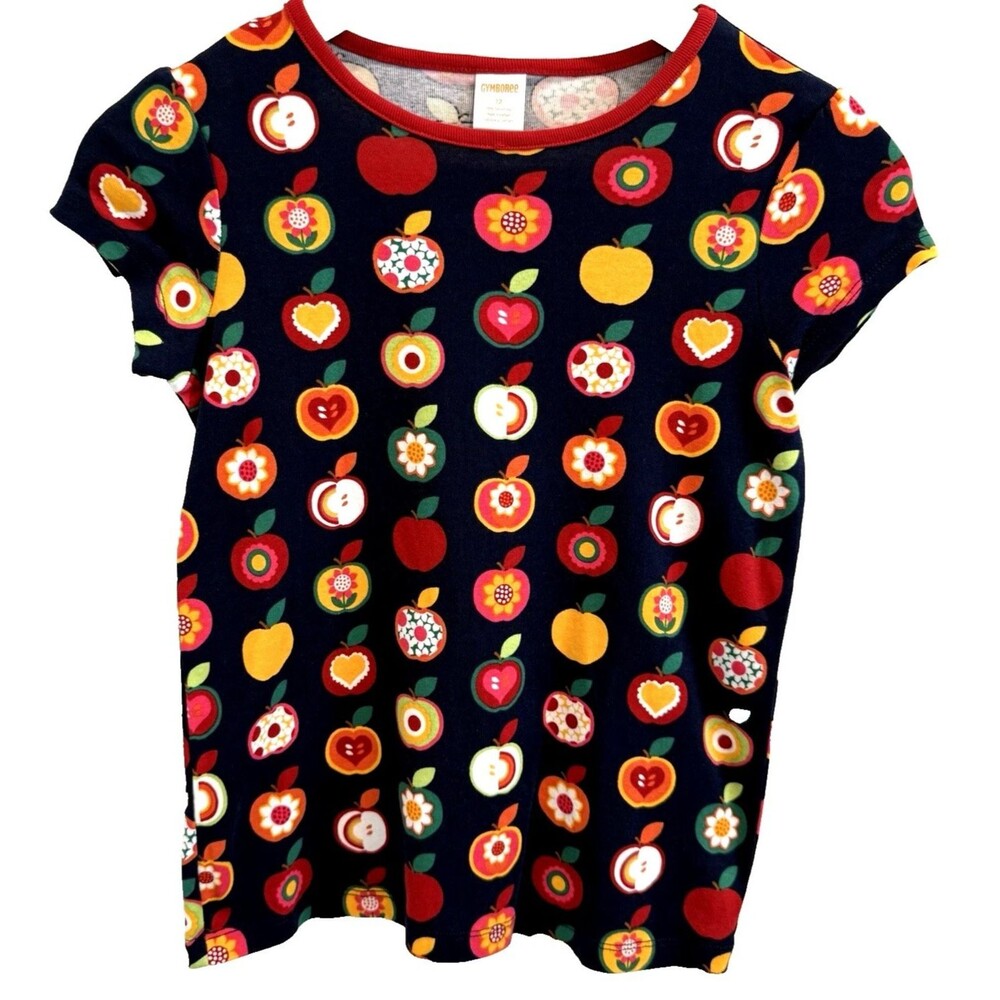 Gymboree Girl's Sz 12 T-Shirt Blue Red Apple Orchard Cotton Fall School Top Cute